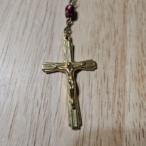 Unique Vintage Brass Color Cross Red Beaded Rosary